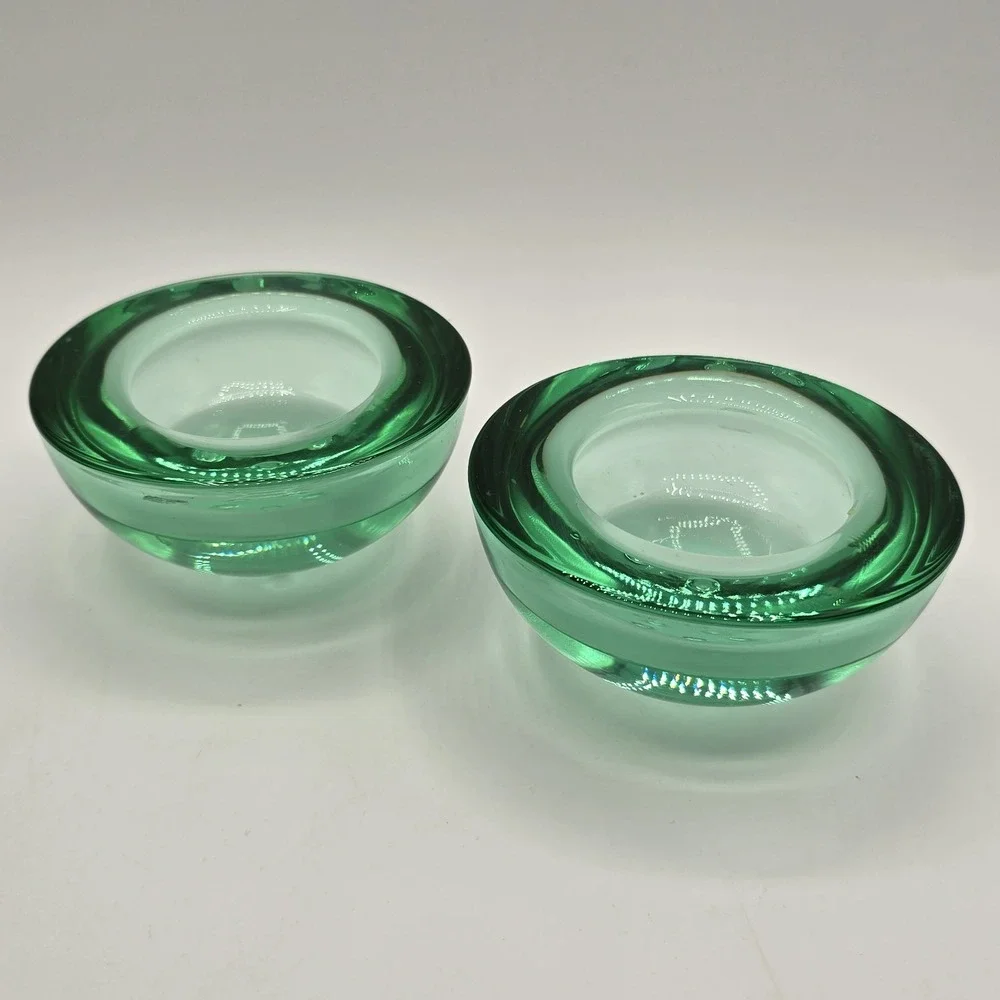 Vtg Pair Green Candlestick Holders Tealight Candle Glass‎ 50s 60s 70s
